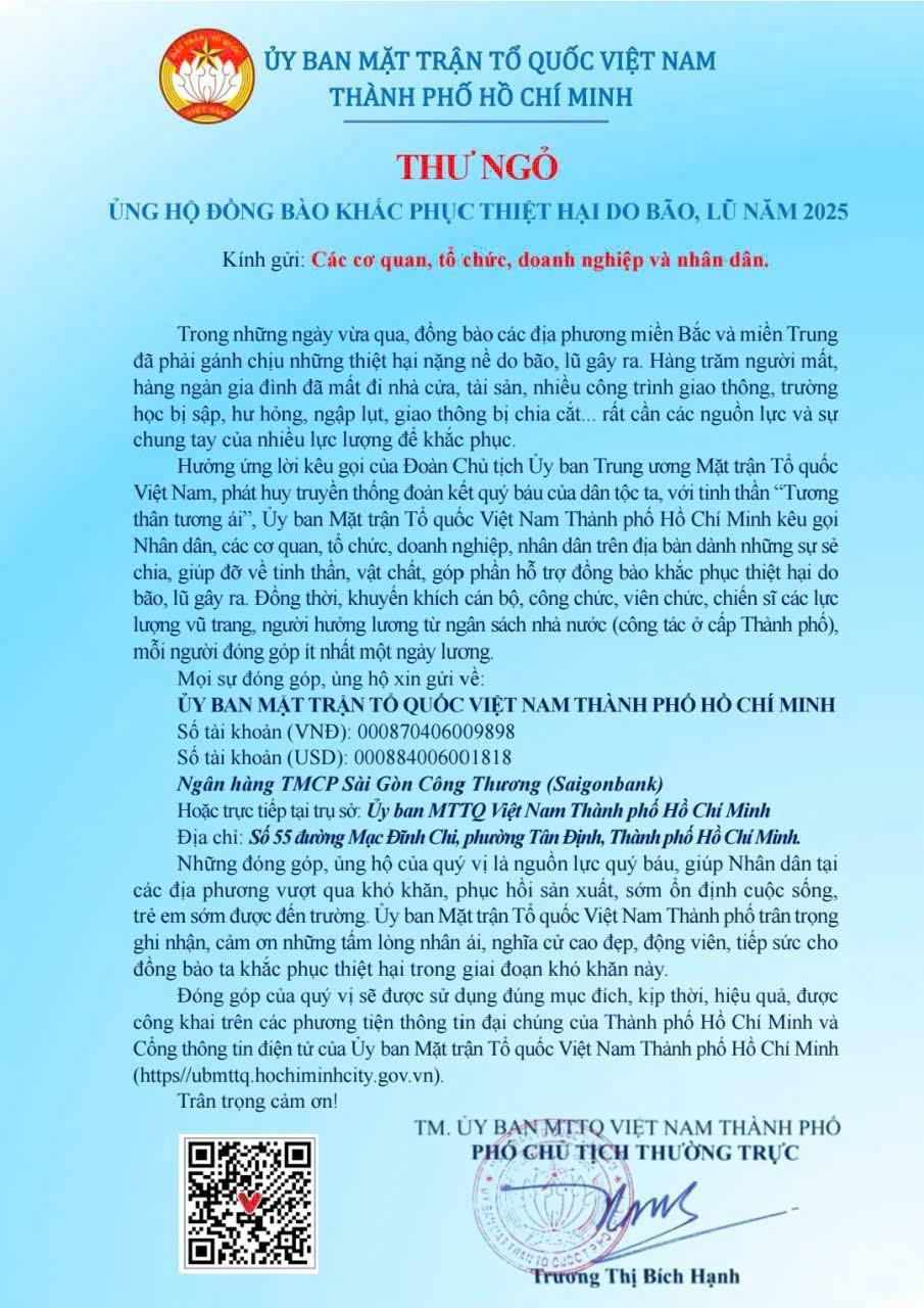 THƯ NGỎ ỦNG HỘ ĐỒNG BÀO KHẮC PHỤC THIỆT HẠI DO BÃO,LŨ NĂM 2025