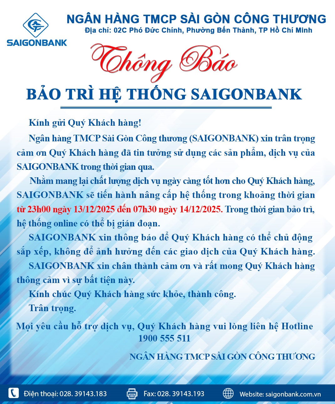 THÔNG BÁO BẢO TRÌ HỆ THỐNG SAIGONBANK
