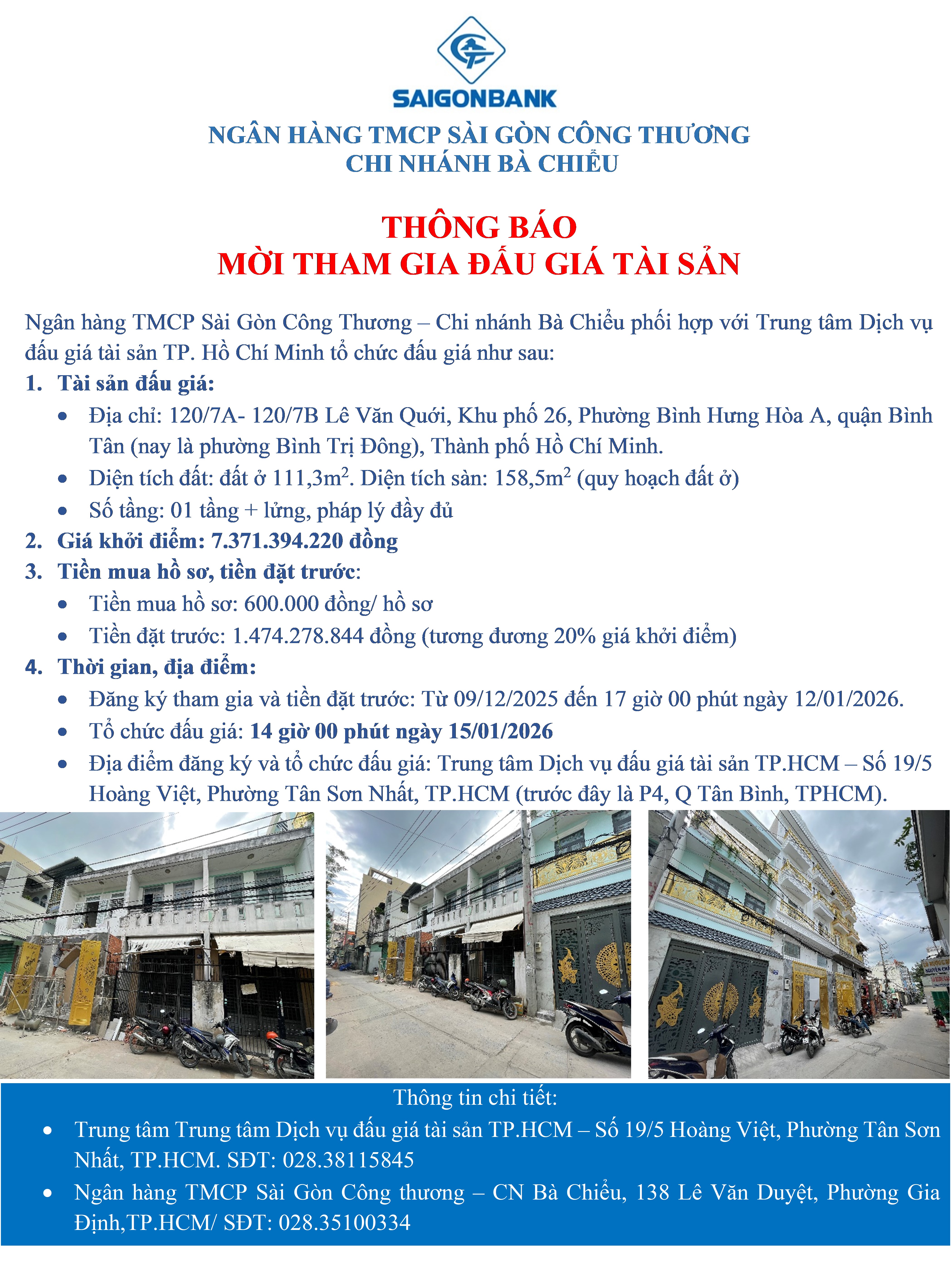 THÔNG BÁO BÁN ĐẤU GIÁ TÀI SẢN TẠI CHI NHÁNH BÀ CHIỂU