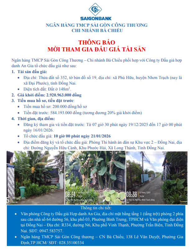 THÔNG BÁO BÁN ĐẤU GIÁ TÀI SẢN TẠI CHI NHÁNH BÀ CHIỂU