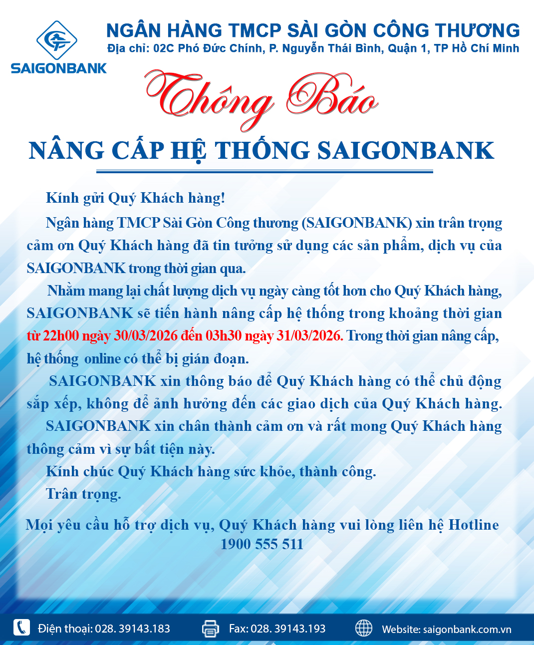 THÔNG BÁO NÂNG CẤP HỆ THỐNG SAIGONBANK