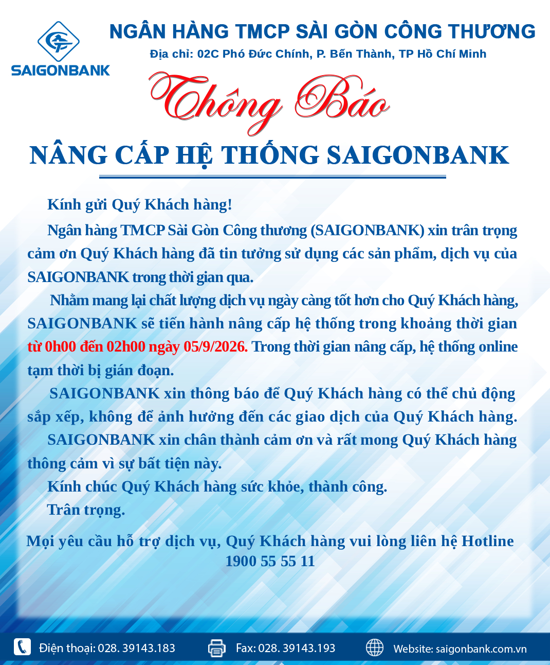THÔNG BÁO NÂNG CẤP HỆ THỐNG SAIGONBANK